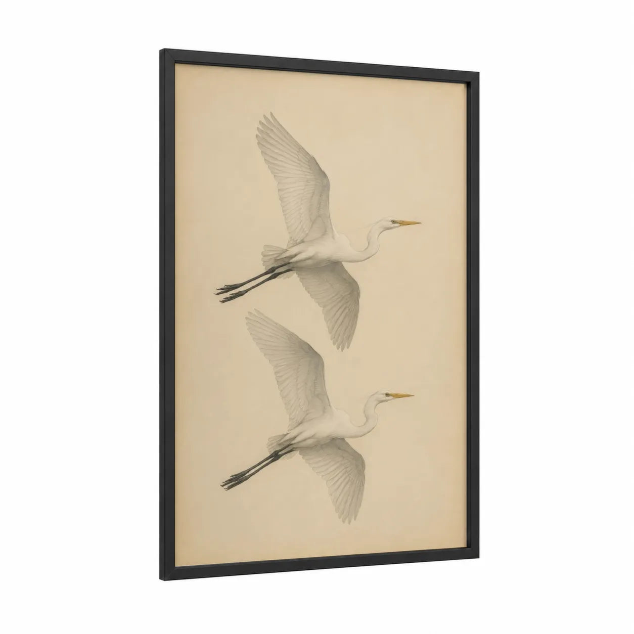 White Heron in Flight Wall Art framed art print — black wood frame — beige and cream palette