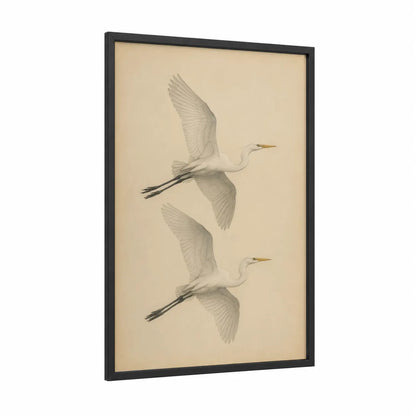 White Heron in Flight Wall Art framed art print — black wood frame — beige and cream palette