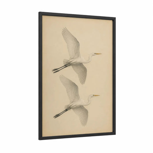 White Heron in Flight Wall Art framed art print — black wood frame — beige and cream palette