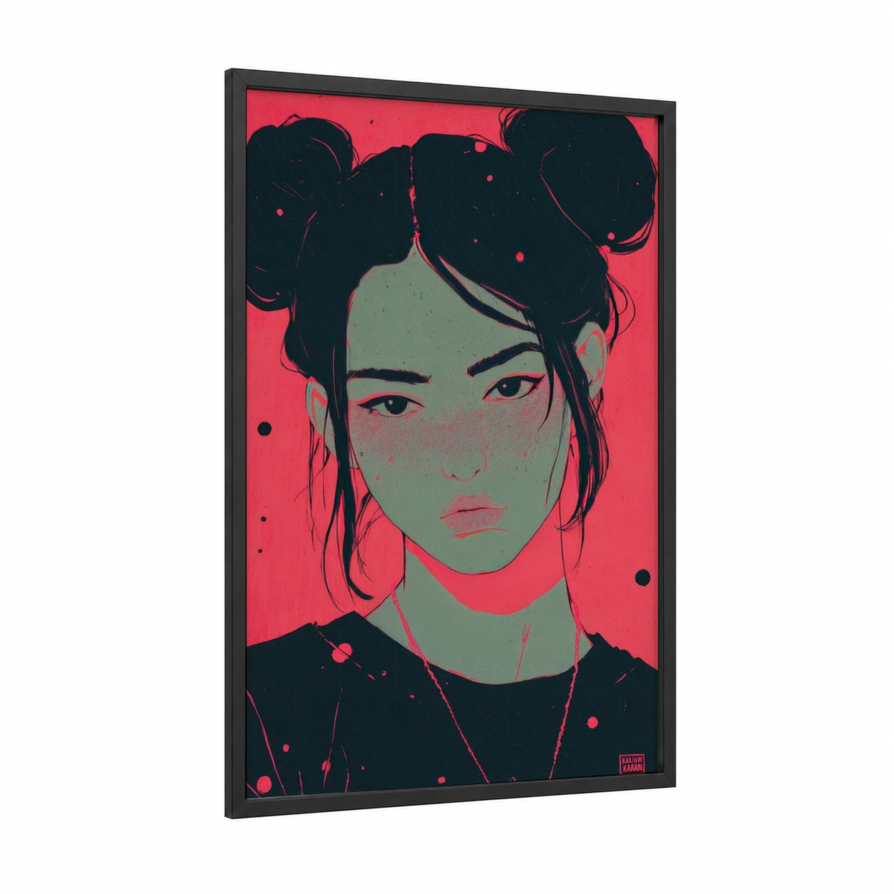Y2K Girl Portrait framed art for girl print — black wood frame — red and sage green palette