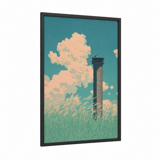 Solitary Column framed columns print — black wood frame — teal and cream palette
