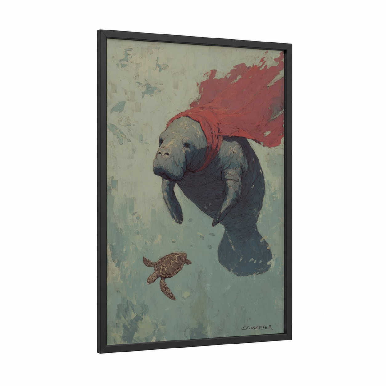 Red Scarf Manatee framed manatees print — black wood frame — sage green and maroon palette