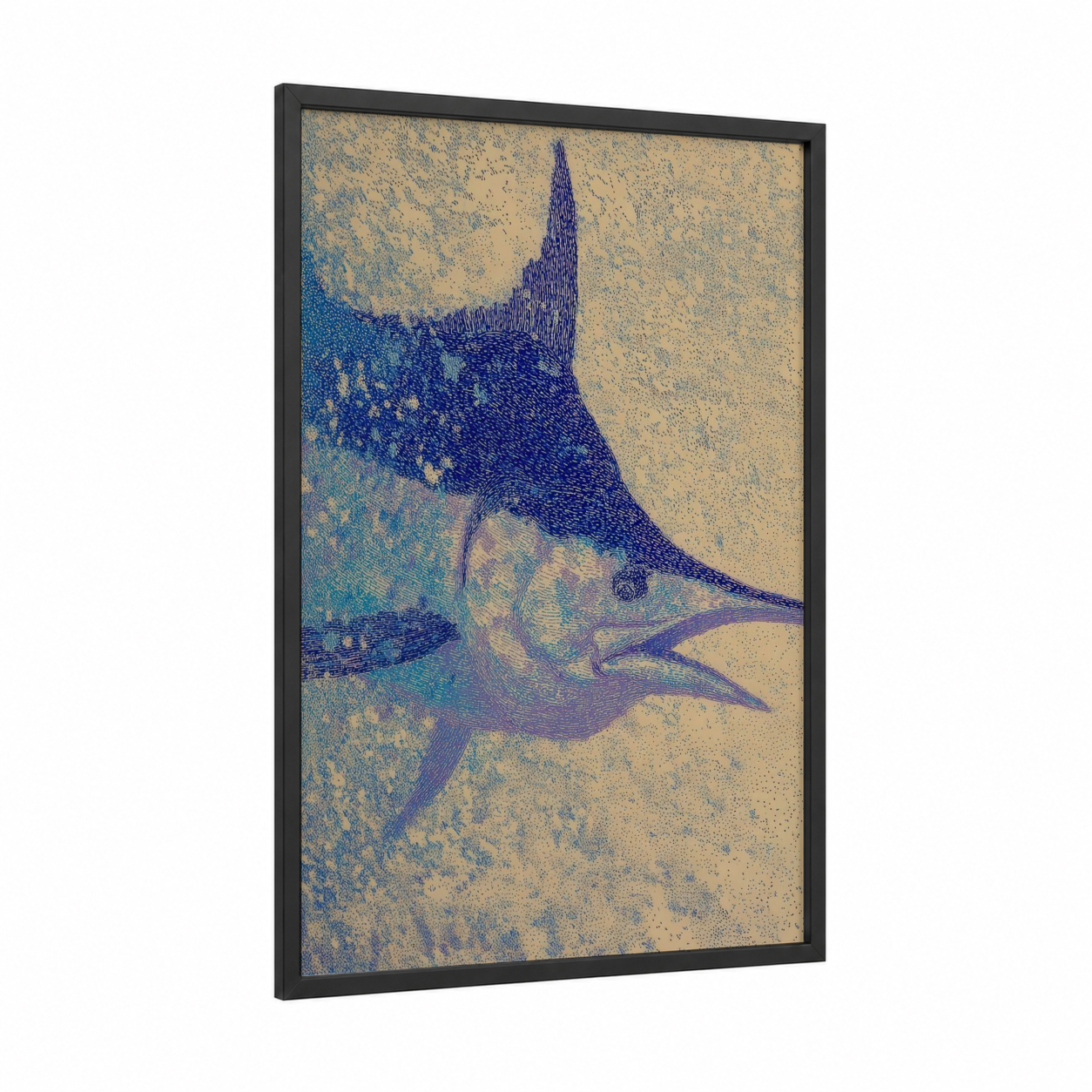 Azure Marlin framed blue marlin print — black wood frame — blue and gold palette