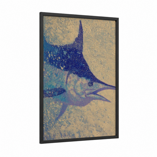 Azure Marlin framed blue marlin print — black wood frame — blue and gold palette