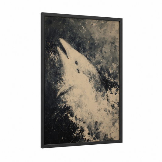 Ethereal Dolphin framed dolphins print — black wood frame — cream and black and white palette