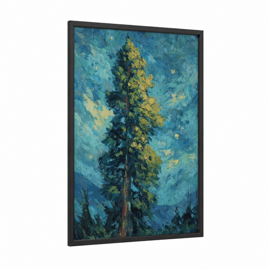 Golden Cypress Sky framed cypress tree print — black wood frame — blue and gold palette