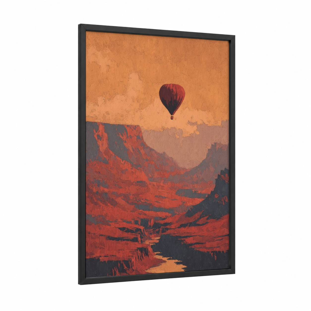 Desert Balloon framed hot air baloon print — black wood frame — orange and red palette
