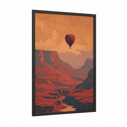 Desert Balloon framed hot air baloon print — black wood frame — orange and red palette