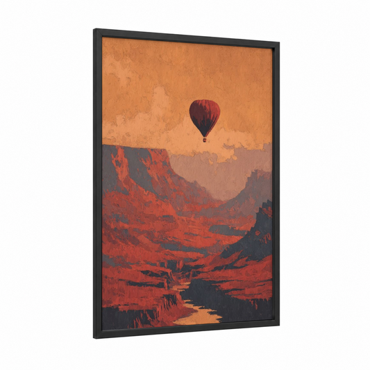 Desert Balloon framed hot air baloon print — black wood frame — orange and red palette