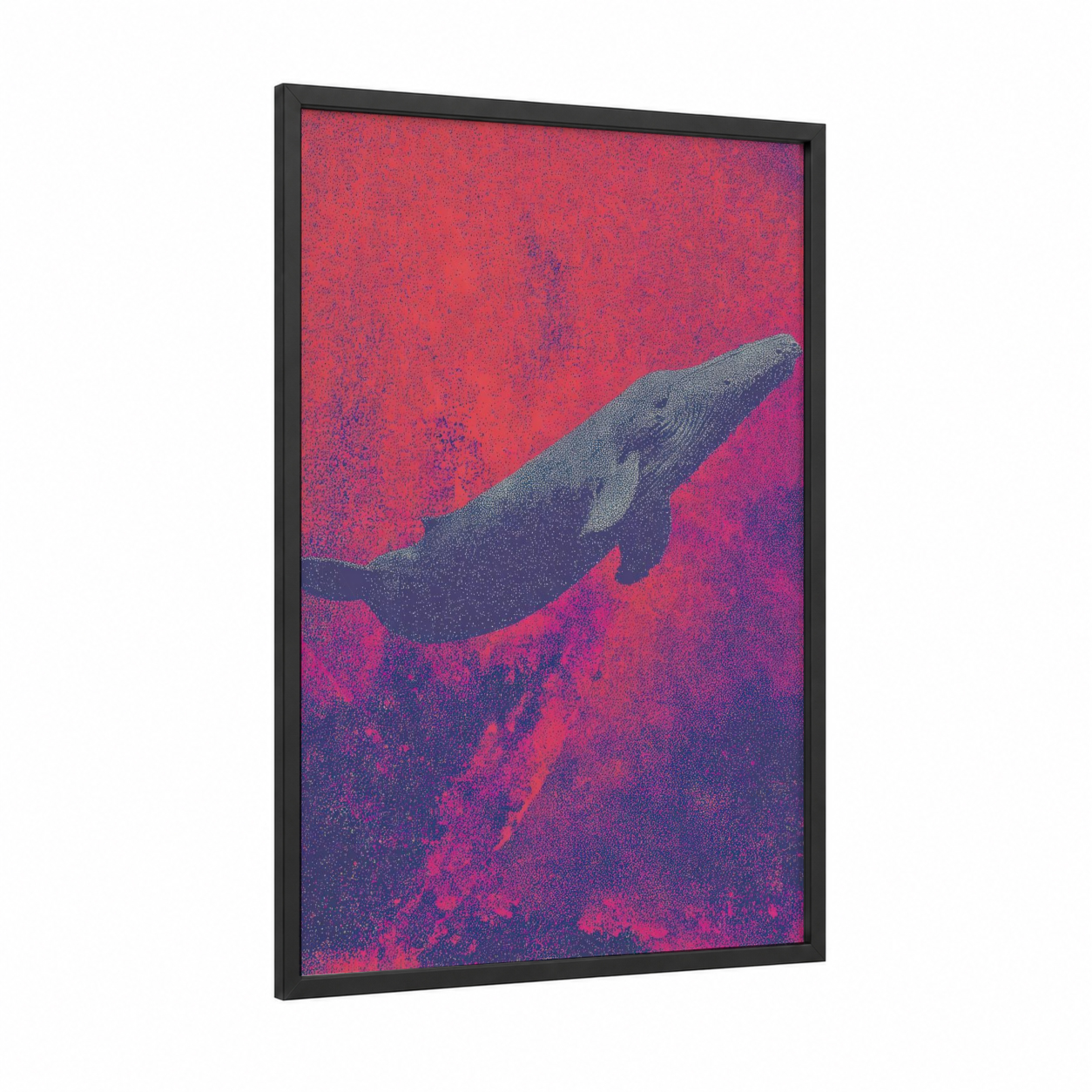 Crimson Whale framed sperm whale print — black wood frame — magenta and red palette