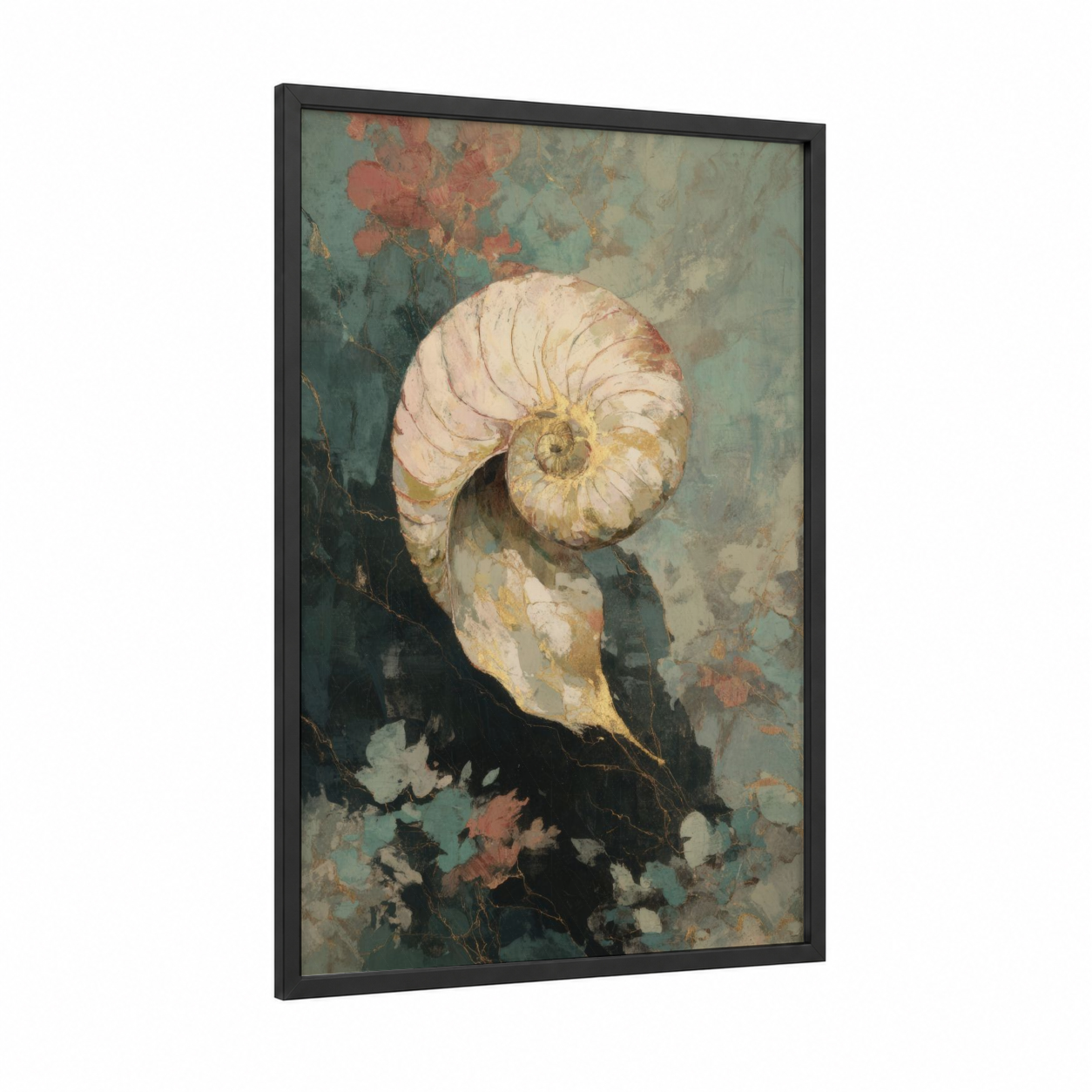 Spiral Nautilus framed art print — black wood frame — sage green and cream palette