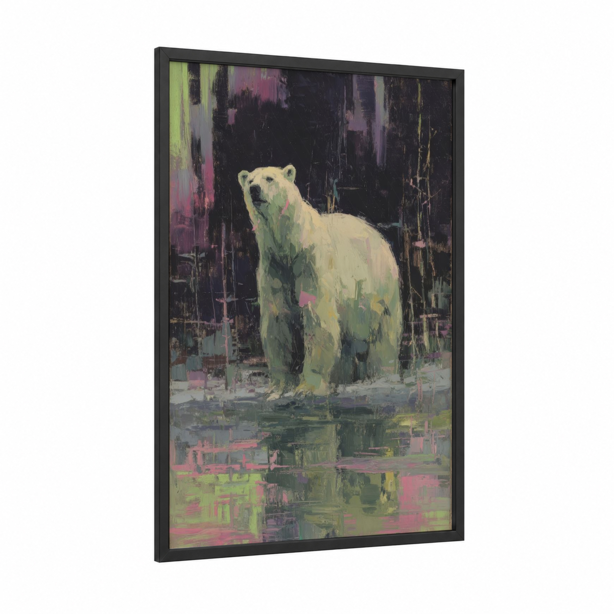 Arctic Solitude Bear framed polar bear print — black wood frame — light green and magenta palette