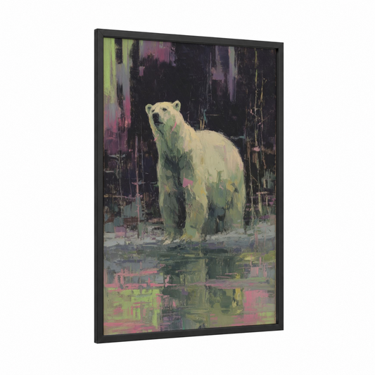 Arctic Solitude Bear framed polar bear print — black wood frame — light green and magenta palette