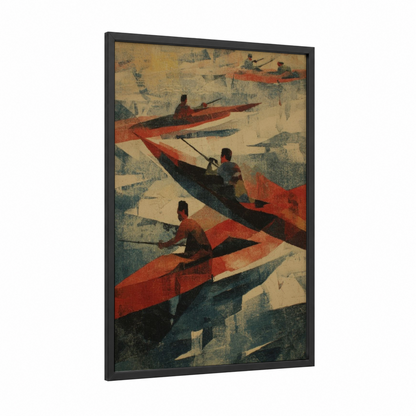 Vintage Paddlers framed kayaks and canoes print — black wood frame — gold and teal palette
