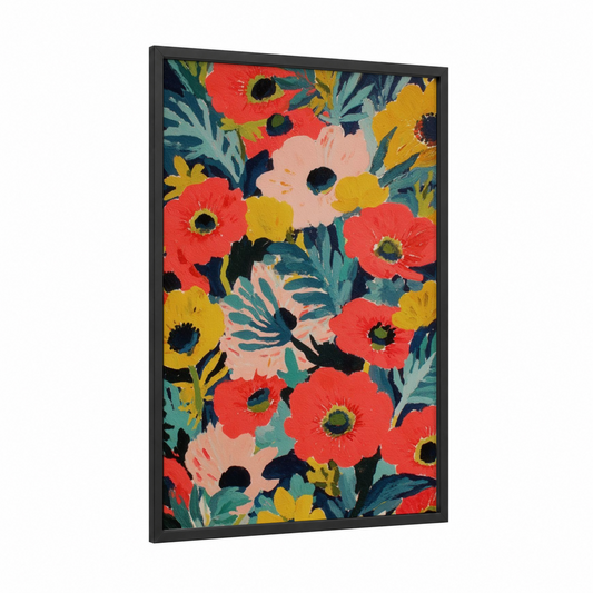 Vibrant Poppy Field framed flower field print — black wood frame — red and yellow gold palette