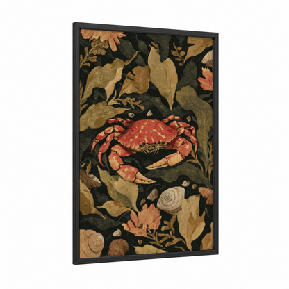 Crimson Crab Botanicals framed seafood print — black wood frame — gold and red palette