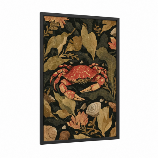 Crimson Crab Botanicals framed seafood print — black wood frame — gold and red palette