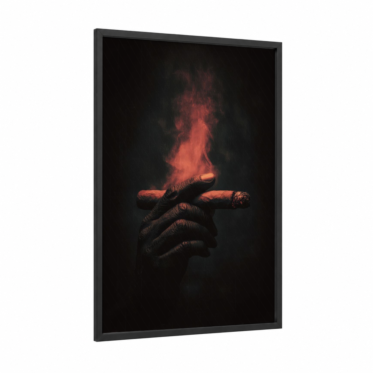Smoking Ritual framed cigars print — black wood frame — red and black palette