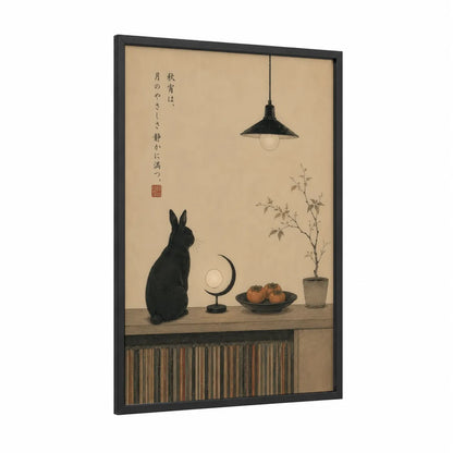Japanese Black Cat with Persimmons Wall Art framed art print — black wood frame — beige and black palette