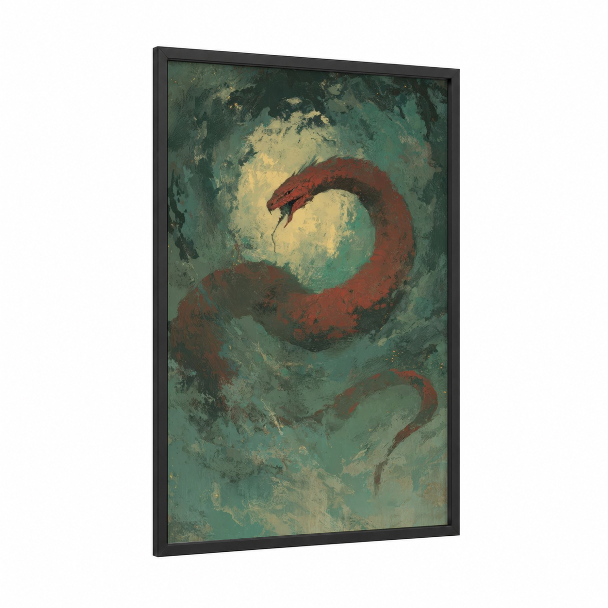 Crimson Basilisk framed art print — black wood frame — teal and red palette