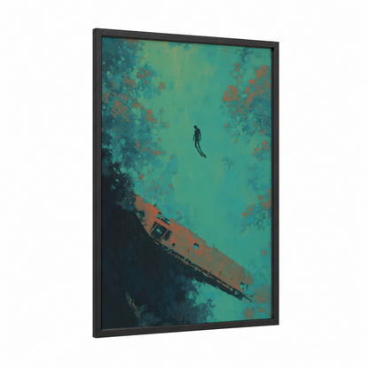 Wreck Diver framed diving print — black wood frame — teal and russet palette
