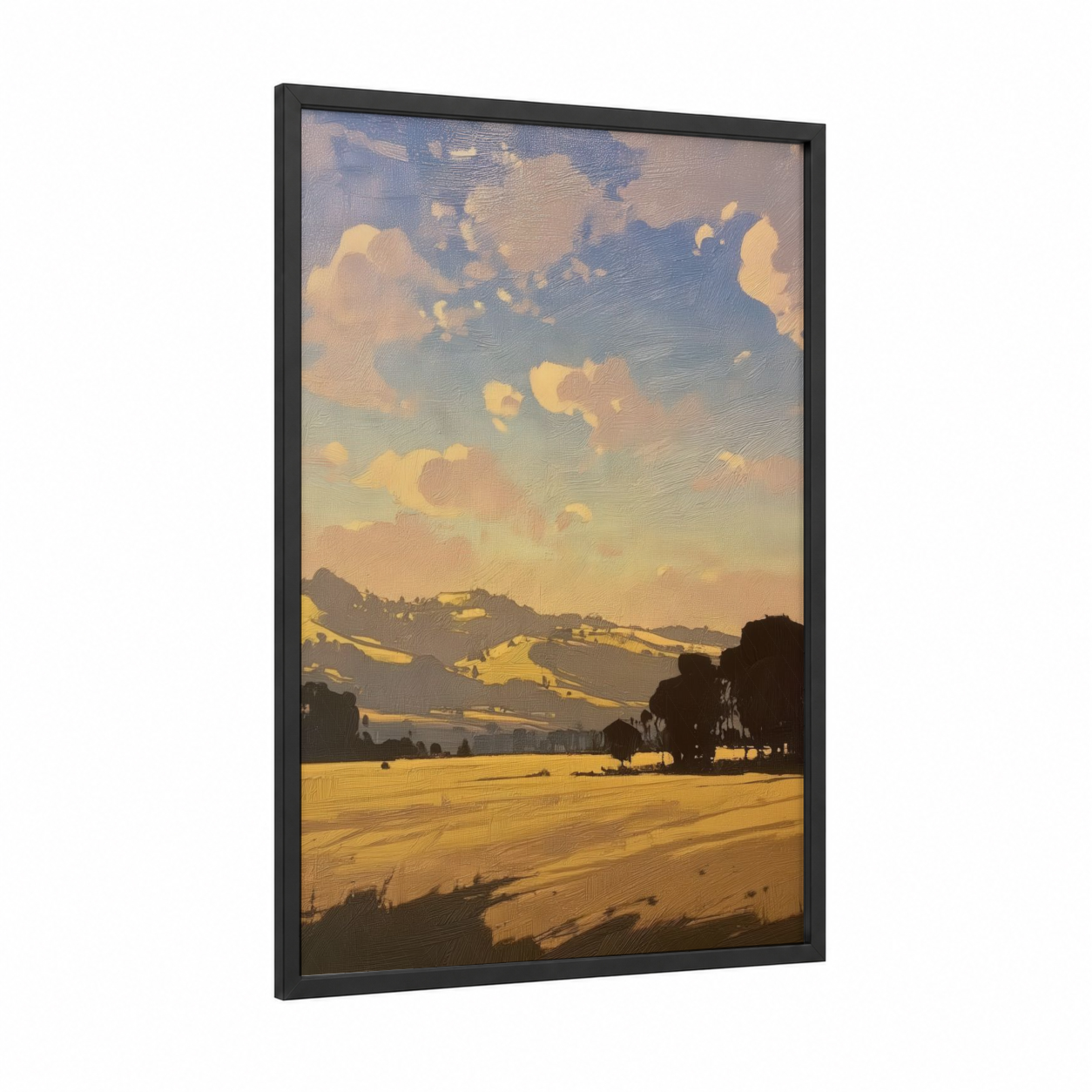 Golden Valley Sunset framed various landscapes print — black wood frame — yellow gold and blue palette