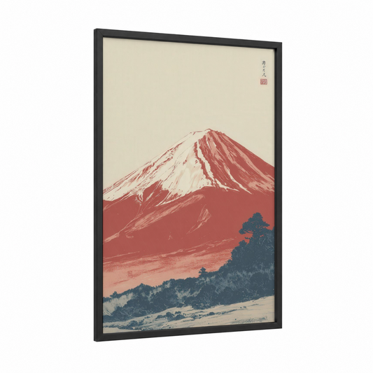 Crimson Fuji framed mount fuji print — black wood frame — russet and cream palette
