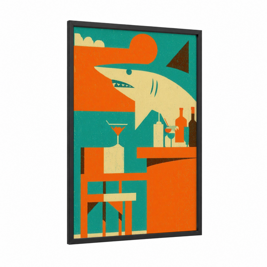 Hammerhead Lounge framed hammerhead shark print — black wood frame — teal and orange palette