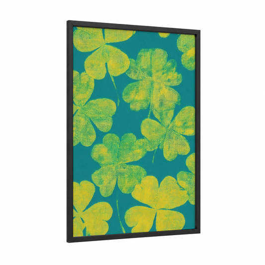 Golden Clover Pattern framed st. patrick's day print — black wood frame — yellow gold and teal palette