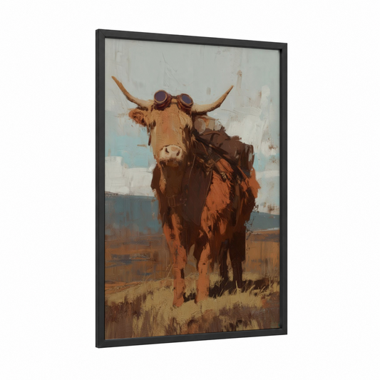 Steampunk Highland framed highland cow print — black wood frame — russet and blue palette