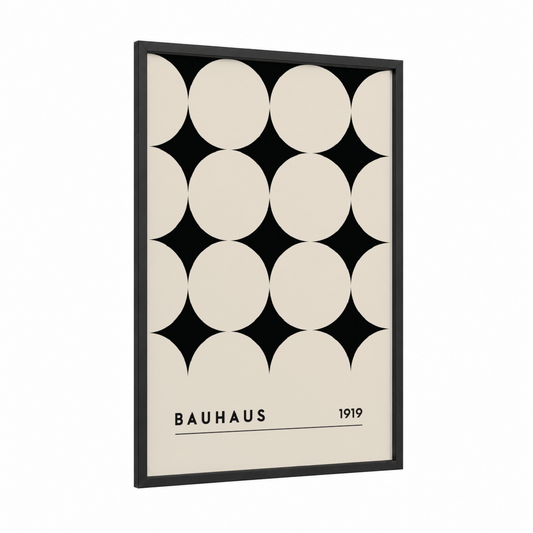 Bauhaus Circles framed abstract geometric print — black wood frame — black and white and cream palette