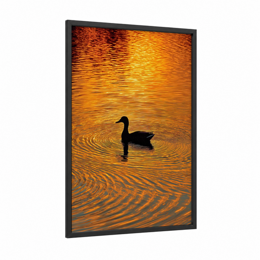 Golden Duck Silhouette framed ducks print — black wood frame — gold and orange palette