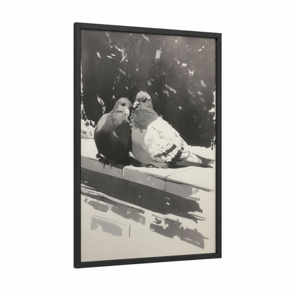Gentle Pigeon Pair framed art print — black wood frame — black and white and gray palette