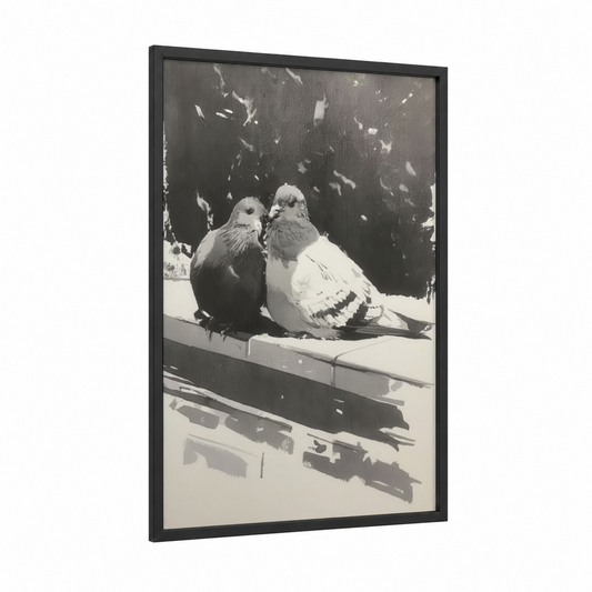Gentle Pigeon Pair framed art print — black wood frame — black and white and gray palette