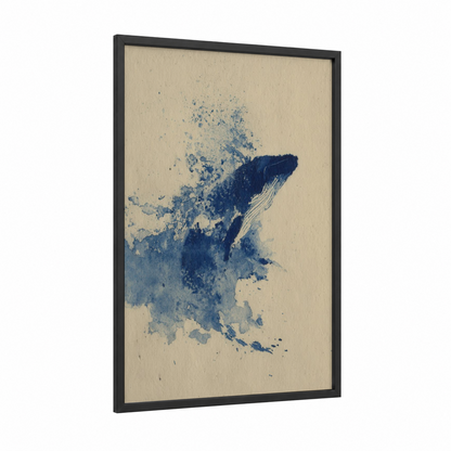 Deep Ocean Whale framed sperm whale print — black wood frame — dark blue and blue palette