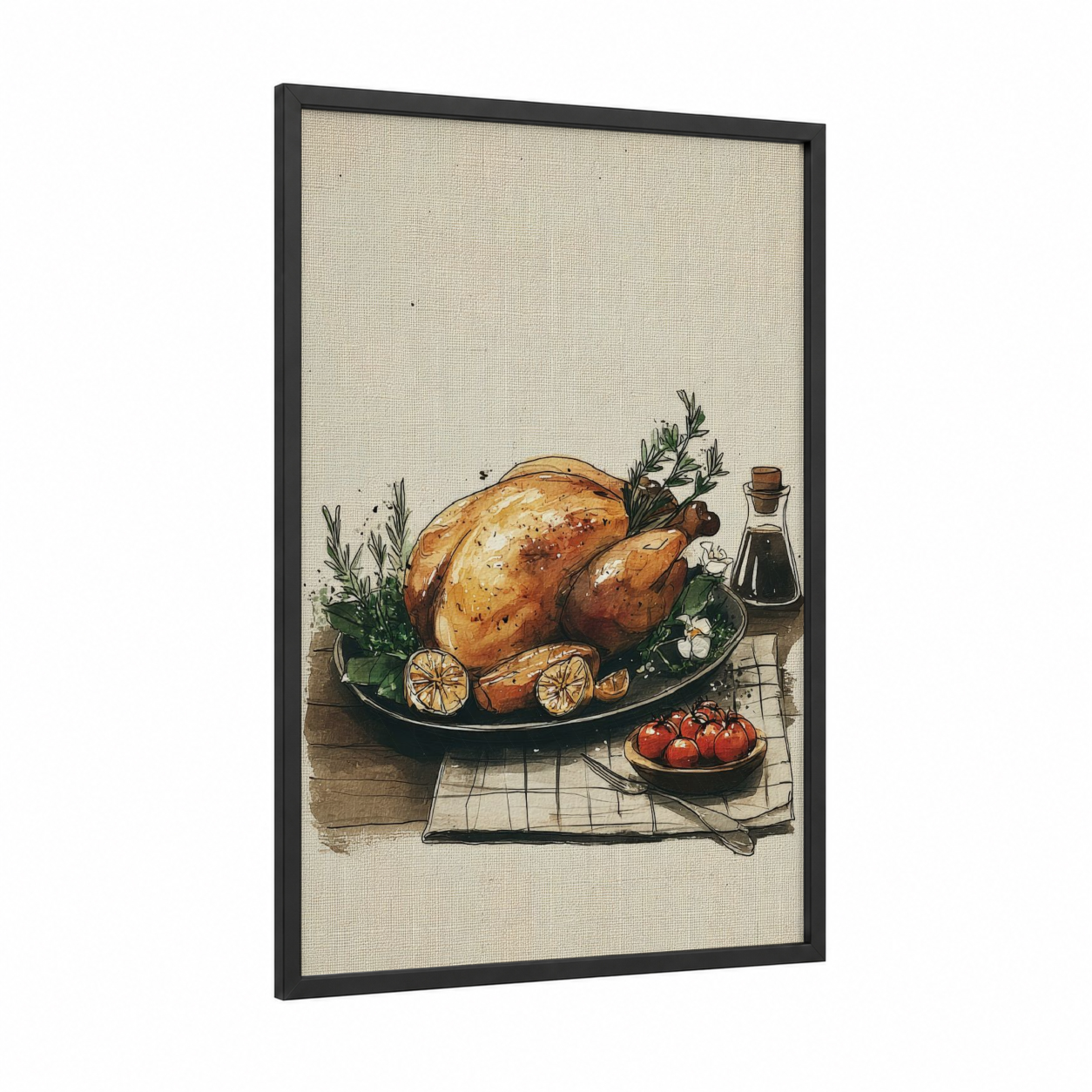 Roasted Poultry framed art print — black wood frame — cream and gold palette