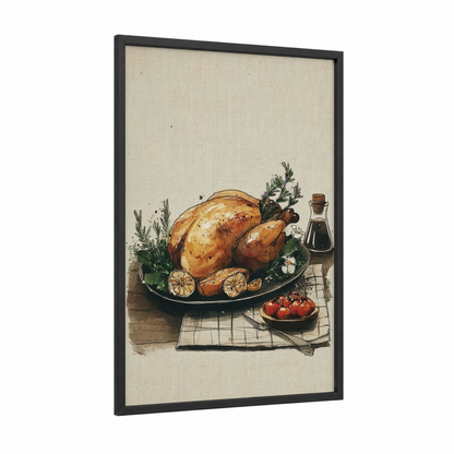 Roasted Poultry framed art print — black wood frame — cream and gold palette
