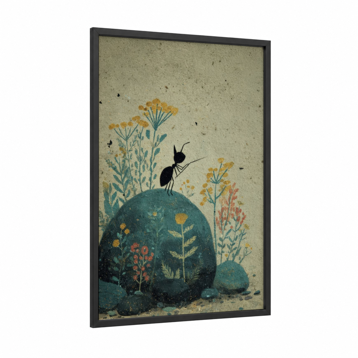 Curious Ant framed art print — black wood frame — gold and teal palette