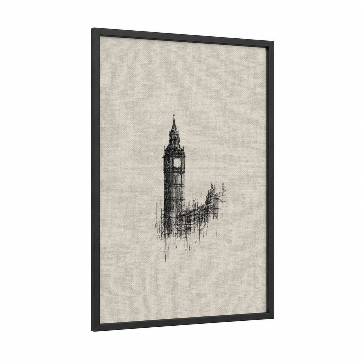 Big Ben Sketch framed art print — black wood frame — black and white palette