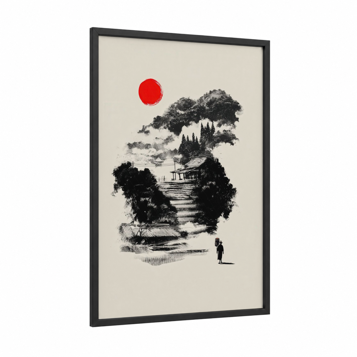 Solitary Journey framed various landscapes print — black wood frame — black and white and red palette