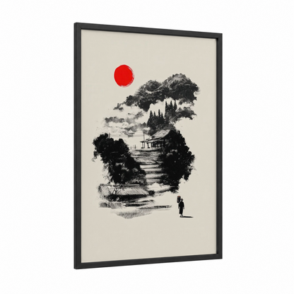 Solitary Journey framed various landscapes print — black wood frame — black and white and red palette