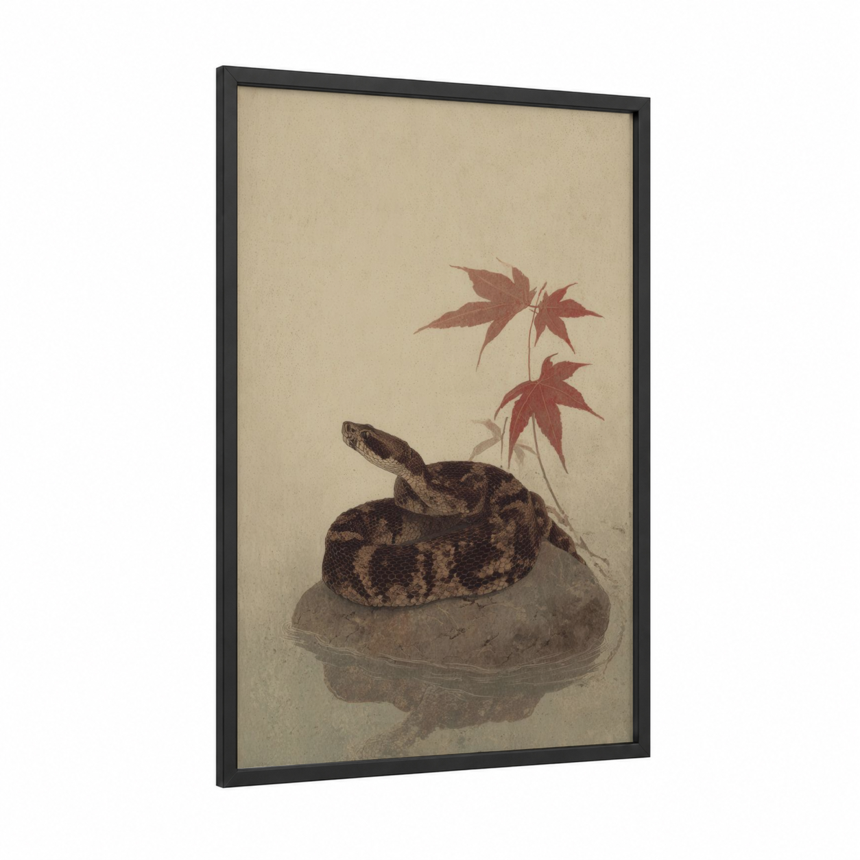 Coiled Rattlesnake framed art print — black wood frame — brown and cream palette