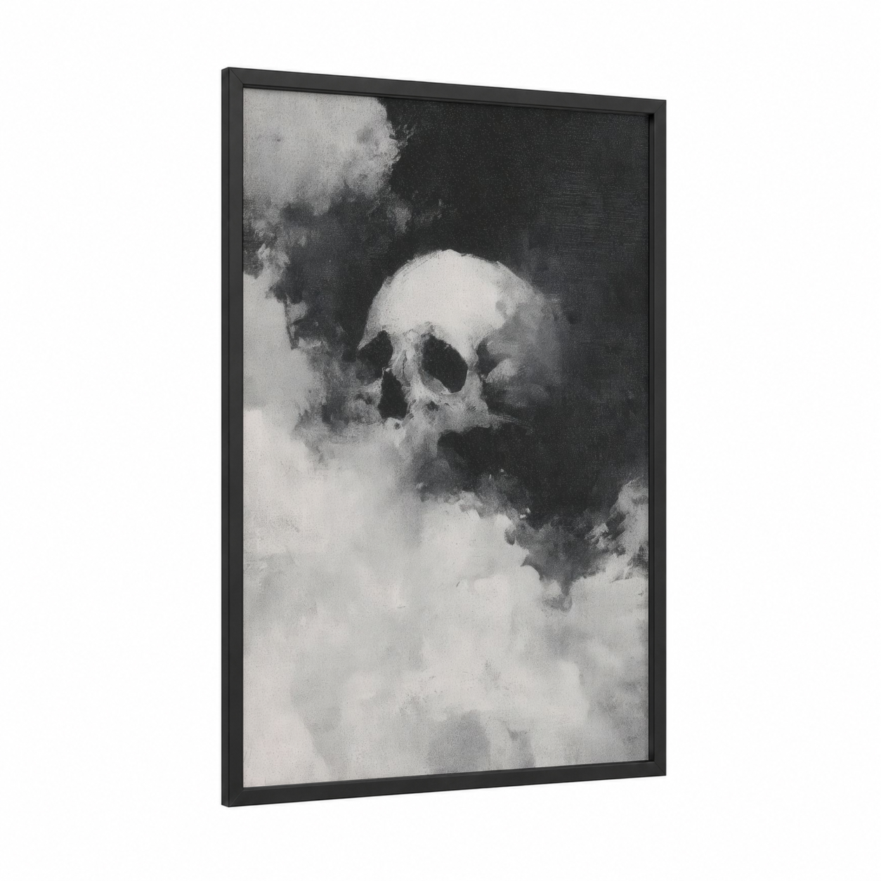 Clouded Skull framed art print — black wood frame — black and white palette