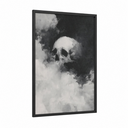 Clouded Skull framed art print — black wood frame — black and white palette