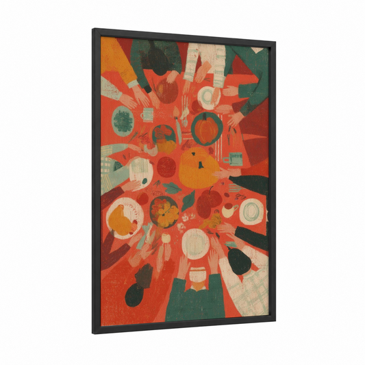 Festive Harvest Celebration framed thanksgiving print — black wood frame — orange and dark green palette