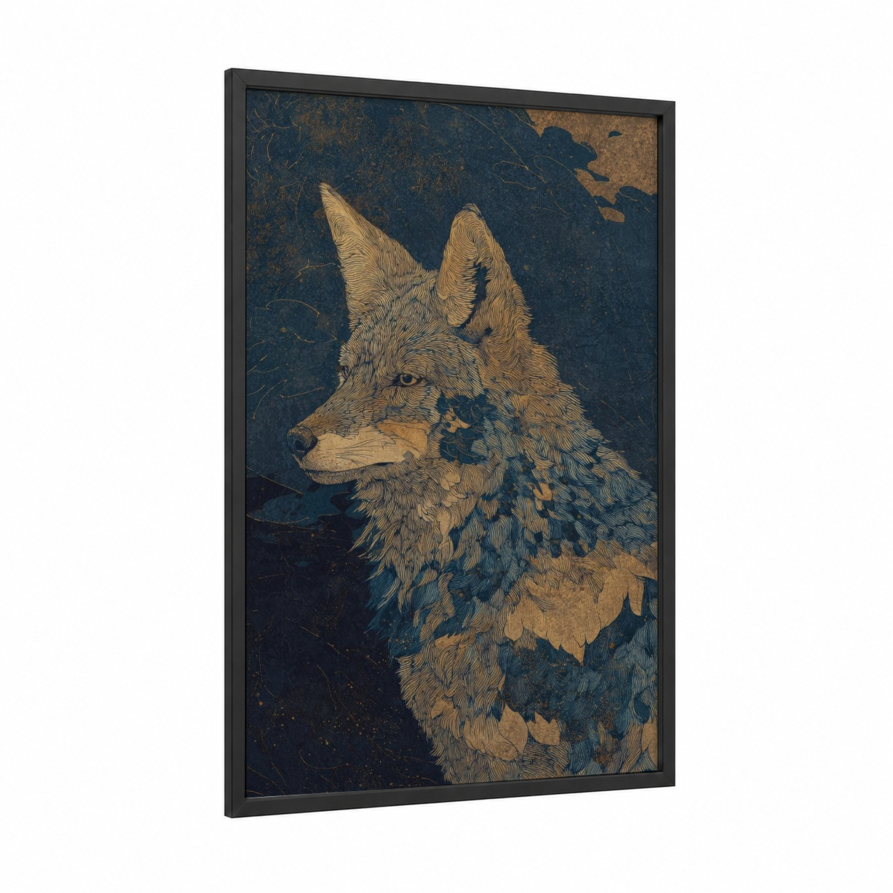 Midnight Coyote framed art print — black wood frame — gold and dark blue palette