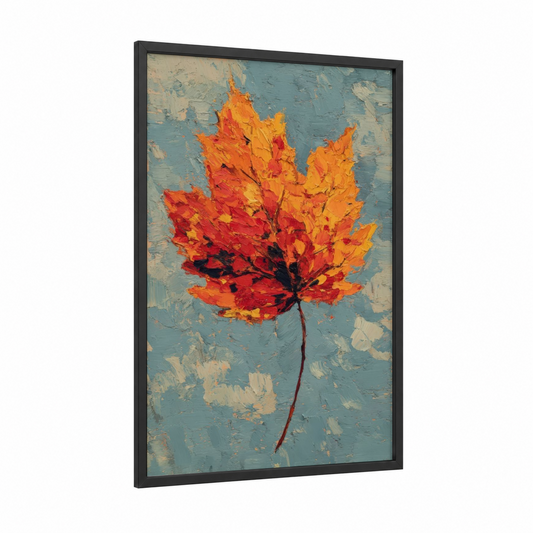 Autumn Maple Leaf framed art print — black wood frame — red and blue palette