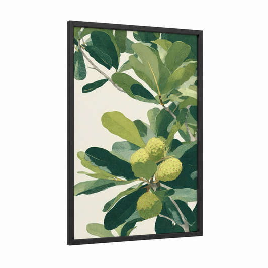 Golden Kauri Fruits framed kauri tree print — black wood frame — light green and cream palette