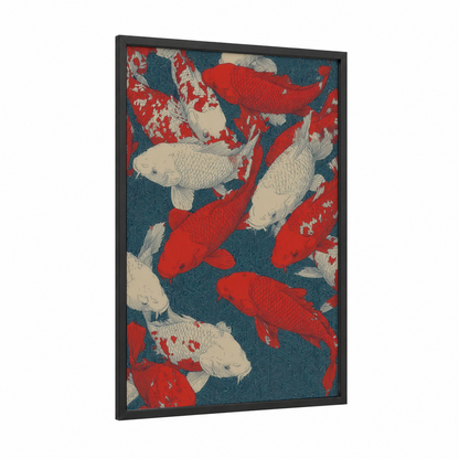 Crimson Koi Garden framed koi fish print — black wood frame — red and teal palette