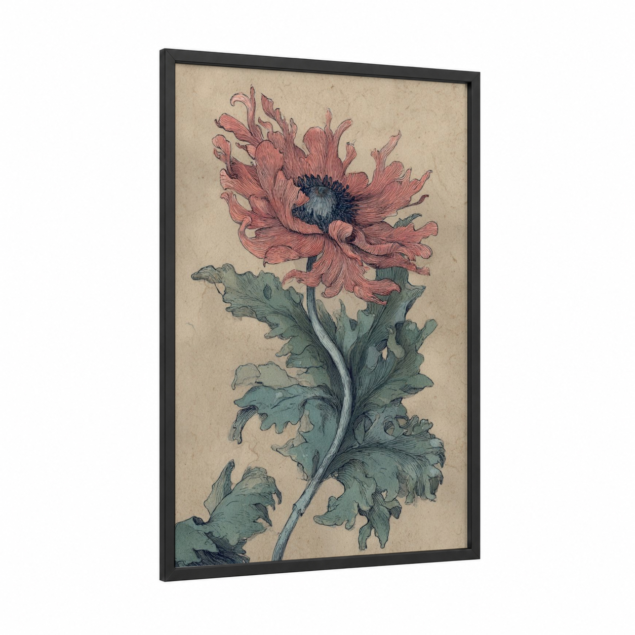 Pink Anemone Bloom framed sea anemone print — black wood frame — salmon pink and sage green palette